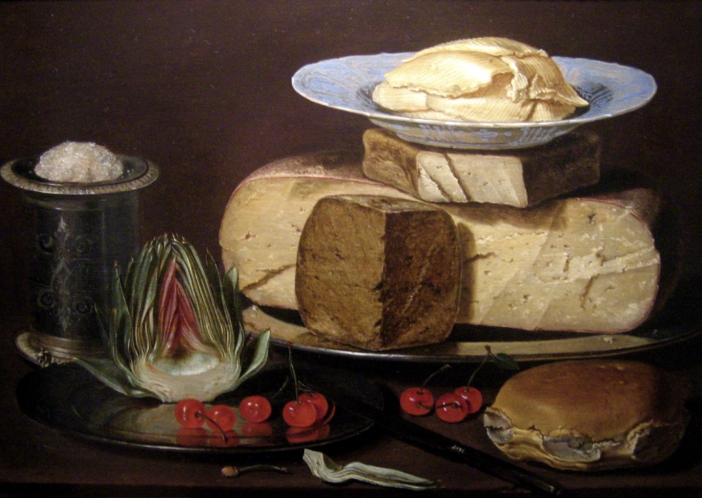 Le nature morte raccontano la vita delle società - Clara Peteers, "Natura morta con formaggio, carciofo e ciliegie", 1625, olio su tavola, Los Angeles County Museum of Art, Los Angeles.<br />
