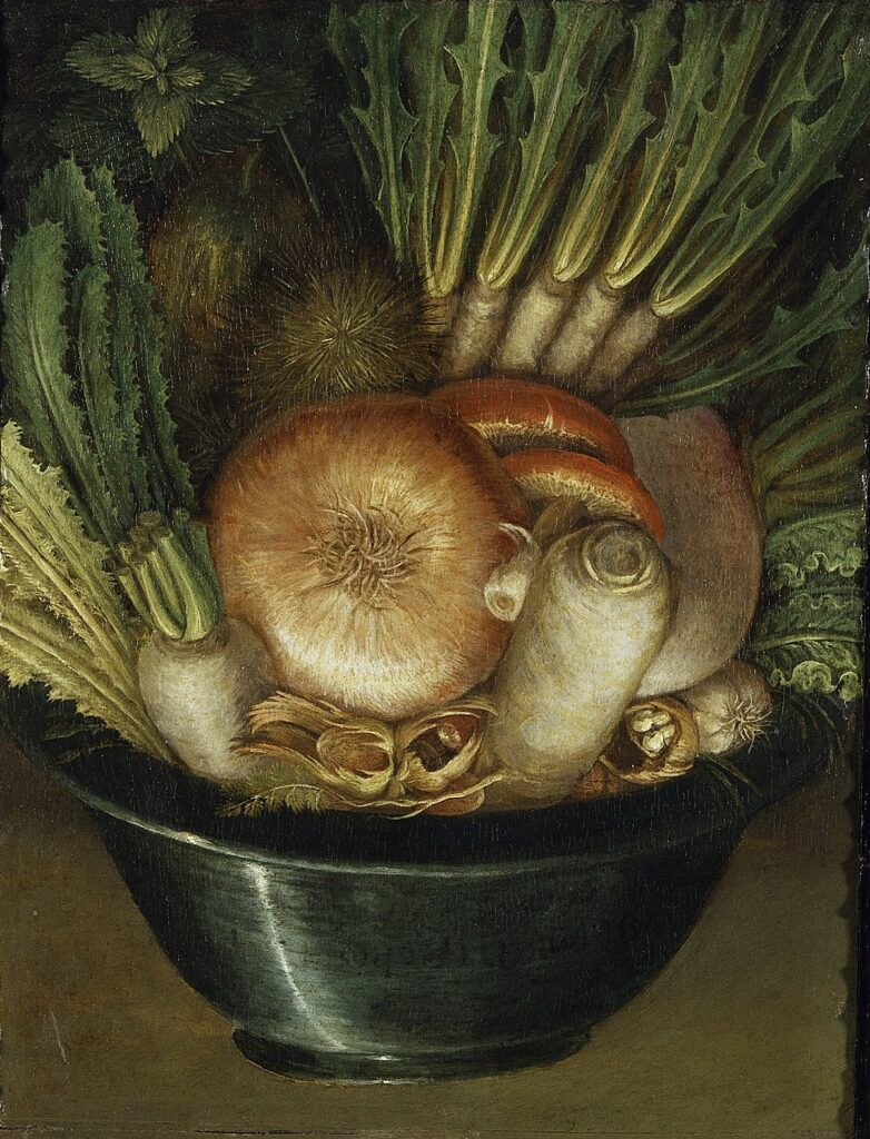 Le nature morte raccontano la vita delle società - Giuseppe Arcimboldi, "L’ortolano", 1590-1593, olio su tavola, Museo Civico Ala Ponzone, Cremona.<br />
