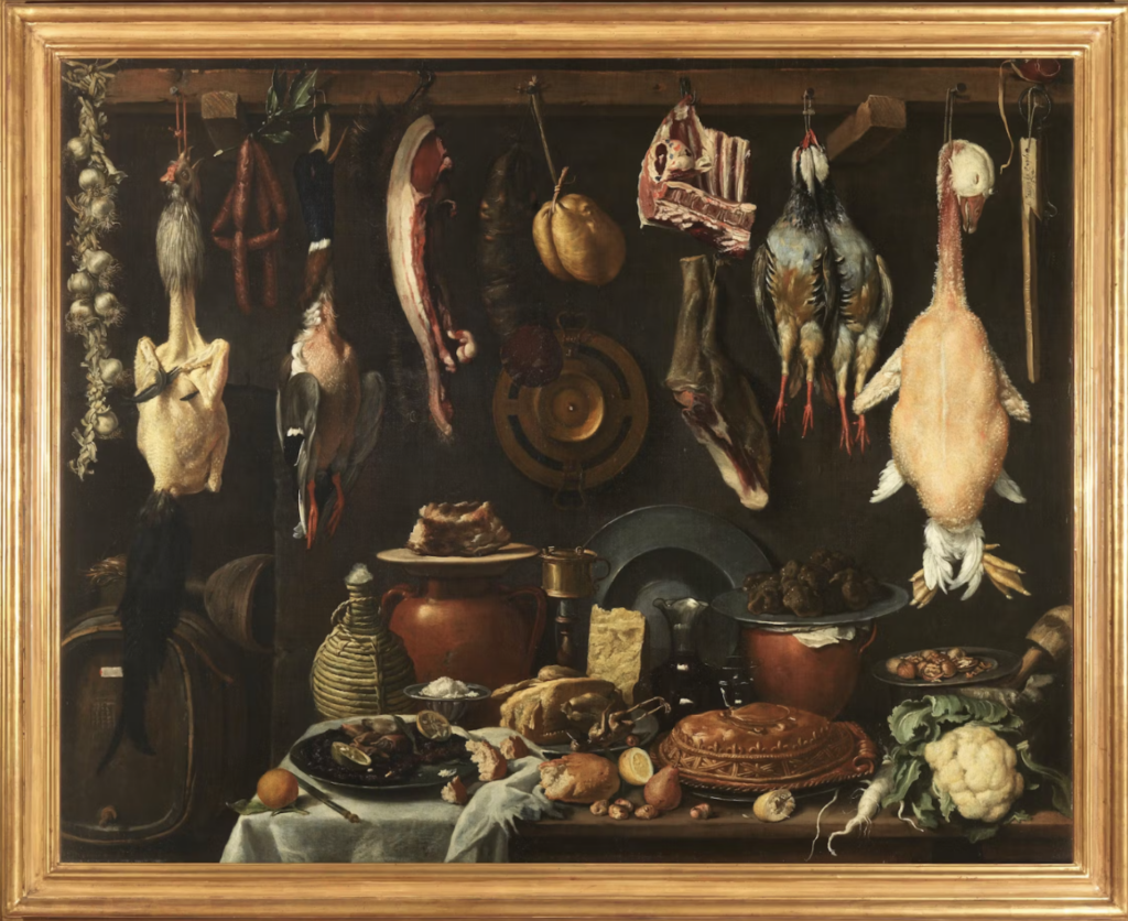 Le nature morte raccontano la vita delle società - Jacopo Chimenti (L’Empoli), "Dispensa con botte, selvaggina, carni e vasellami", 1624, olio su tela, Uffizi, Firenze.<br />
