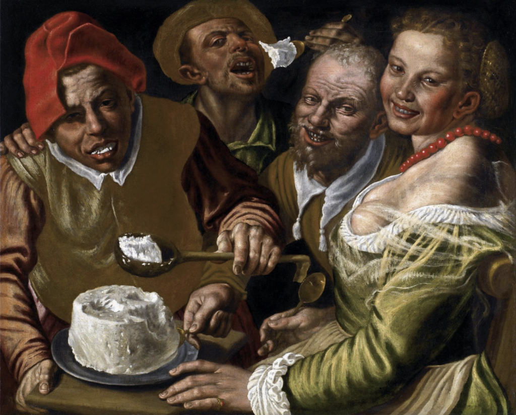 Le nature morte raccontano la vita delle società - Vincenzo Campi, "I mangiatori di ricotta", 1580, olio su tela, Musée des Beaux-Arts de Lyon, Lione.<br />
