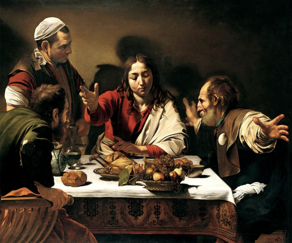 Le nature morte raccontano la vita delle società - Michelangelo Merisi da Caravaggio, "Cena in Emmaus", olio su tela, 1601-1602, National Gallery, Londra.<br />
