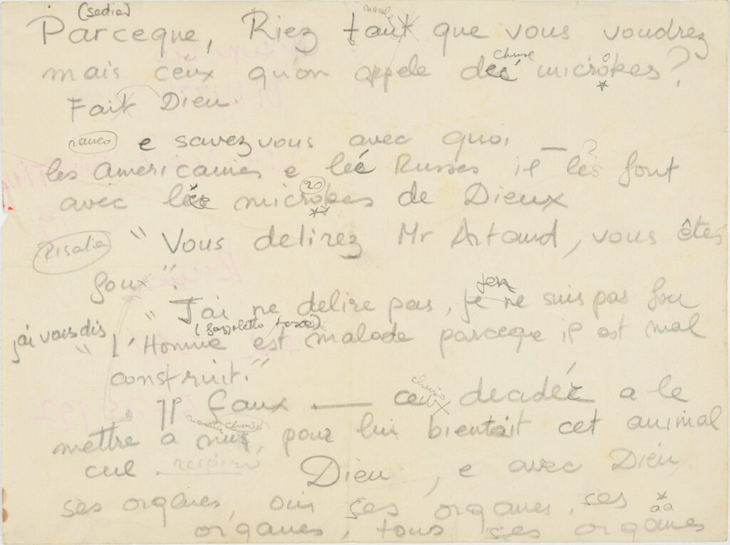 Demetrio Stratos è stato un alchimista della voce - Appunti manoscritti di Demetrio Stratos con indicazioni per la lettura scenica del frammento da "Pour en finir avec le jugement de Dieu" di Antonin Artaud, 1978.